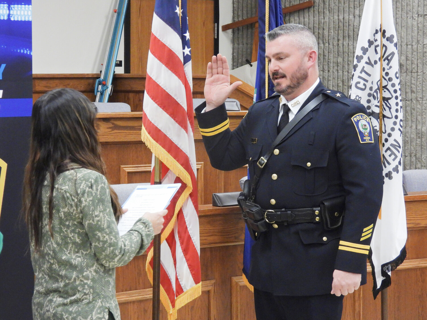 Assistant Chief Matthew Colella takes takes his oath at a swearing-in ceremony in the Oneida Common Council on Thursday, March 9. Colella transferred from the Little Falls Police Department in 2005 back to his hometown of Oneida and in 2021, he assumed the role of administrative lieutenant.