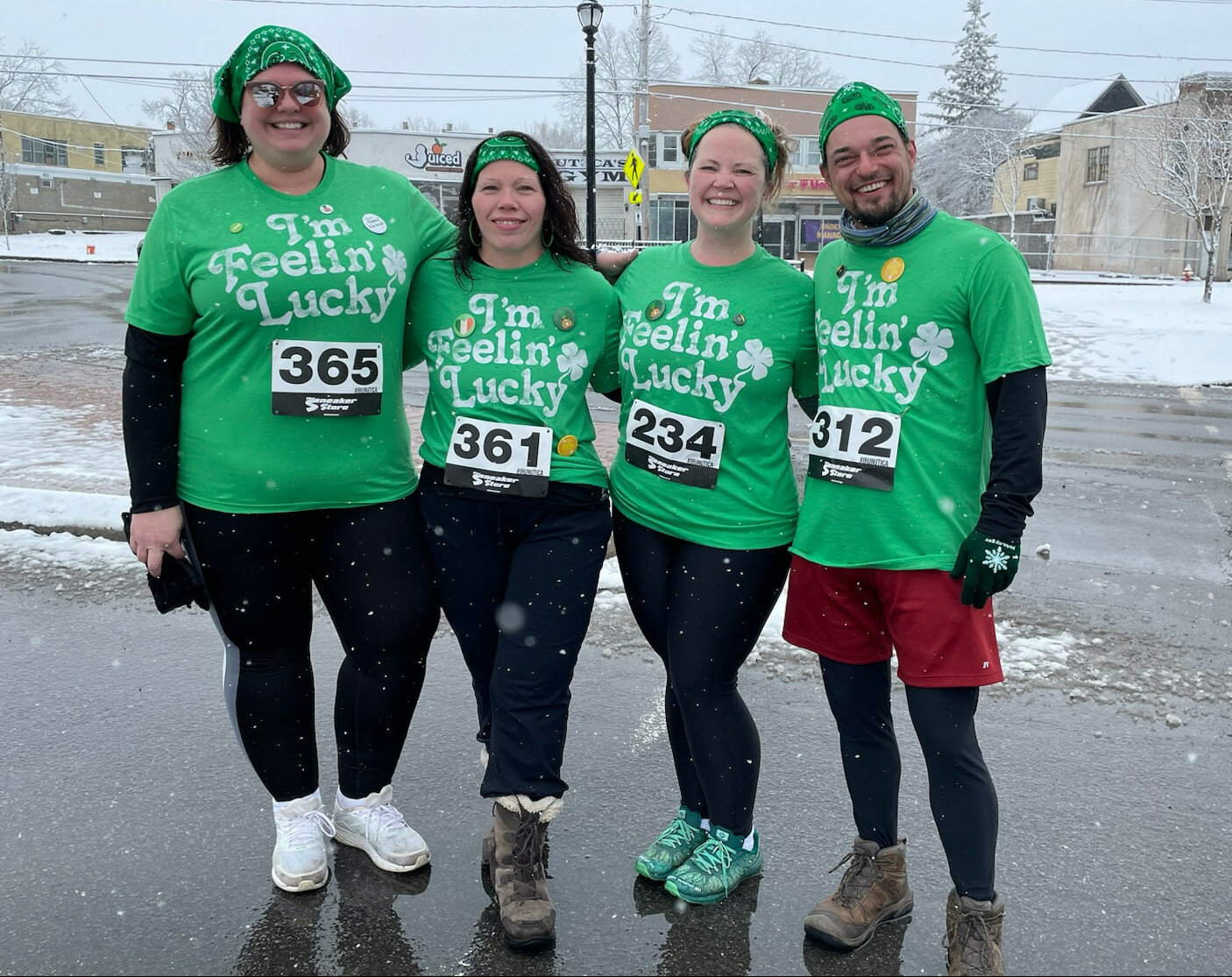 These happy adjunct professors from Mohawk Valley Community College showed up I their running gear and green to run/walk Utica's St. Patrick's Day Parade on Saturday. From left Mindy Reeder, Sharon Powell, Megan Boulerice and Tony LePage.