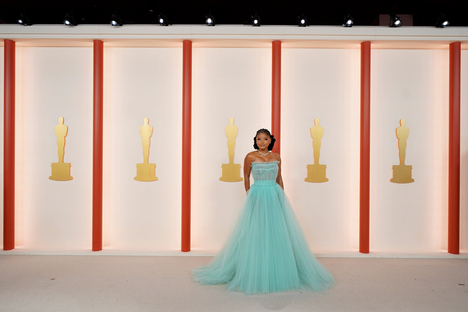 Halle Bailey arrives at the Oscars on Sunday, March 12, 2023, at the Dolby Theatre in Los Angeles. (AP Photo/Ashley Landis)
