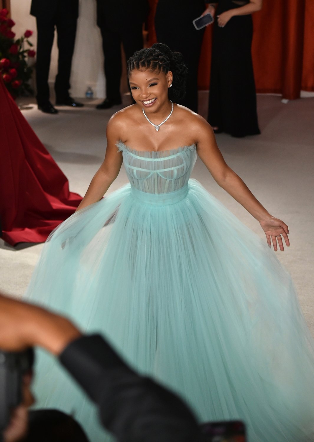Halle Bailey arrives at the Oscars on Sunday, March 12, 2023, at the Dolby Theatre in Los Angeles. (Photo by Richard Shotwell/Invision/AP)