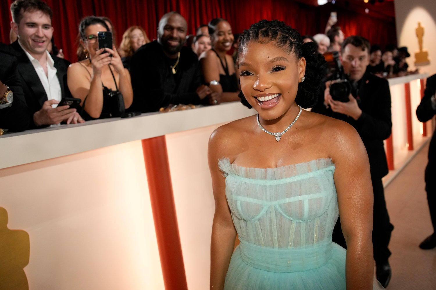 Halle Bailey arrives at the Oscars on Sunday, March 12, 2023, at the Dolby Theatre in Los Angeles. (AP Photo/John Locher)
