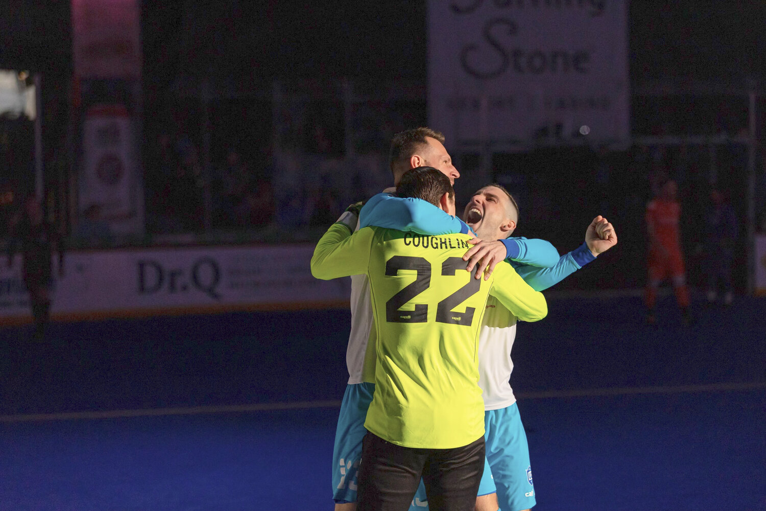 Utica City FC goalkeeper Andrew Coughlin, co-captain Bo Jelovac and Gordy Gurson celebrate during Sunday’s game at the Adirondack Bank Center. Gurson scored on a penalty kick with 3:06 left in overtime to help Utica score a 5-4 win over the Florida Tropics.