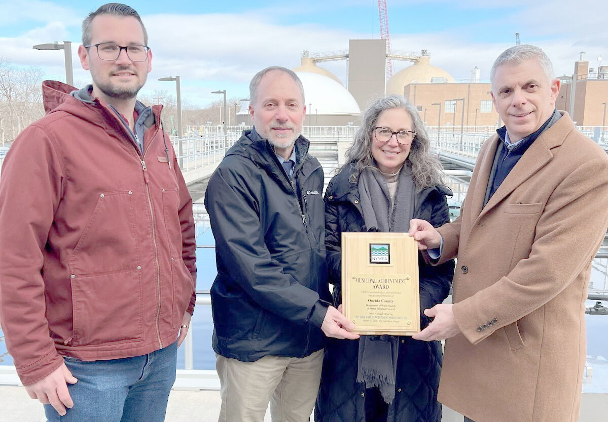 The New York Water Environment Association (NYWEA) honored the Oneida County Department of Water Quality and Water Pollution Control with the Municipal Achievement Award at the awards ceremony during NYWEA’s 95th annual meeting. From left: Chief Operator Dale Lockwood; Karl Schrantz; Patricia Cerro-Reehill; and Oneida County Executive Anthony J. Picente Jr.
