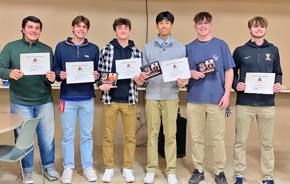 RFA VOLLEYBALL AWARDS — The Rome Free Academy boys volleyball team award winners are, from left: Santino Campanaro, digger award (247 digs); Collin Gannon, coaches award; Lucas Yanik, assists award (318 assists) and offensive player of the year; Sonepith Keoviengsamay II, aces award (47 aces) and most valuable player; Casey Podkowka, defensive player of the year (57 blocks); and Gavin Civitelli, all around award (96 kills, 51 blocks four aces).