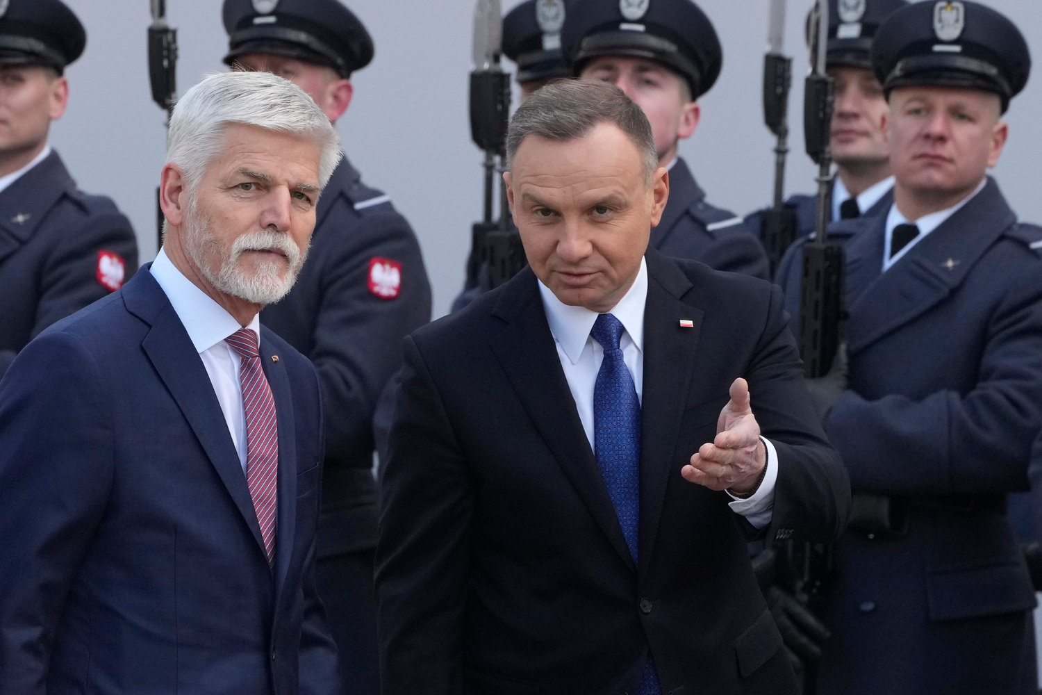 Poland's President Andrzej Duda, right, welcomes Czech Republic's President Petr Pavel as they meet at the Presidential Palace in Warsaw, Poland, Thursday, March 16, 2023.