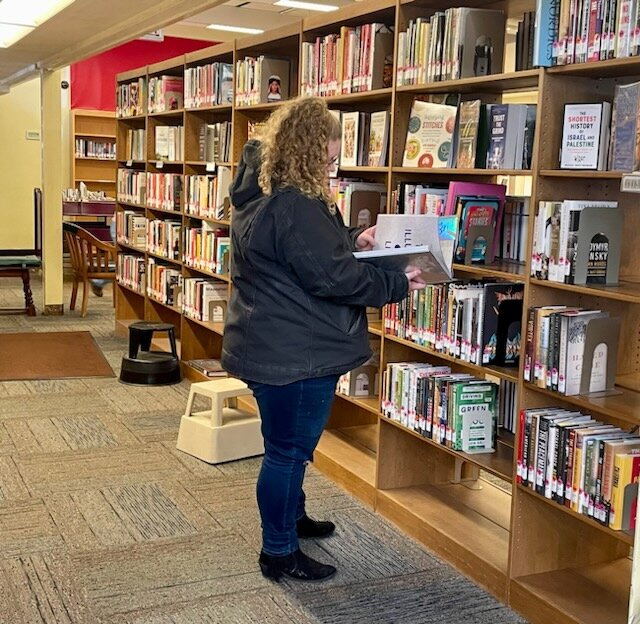 Jervis Public Library patron Christy Brazie peruses the selection of new non-fiction books available to borrow,