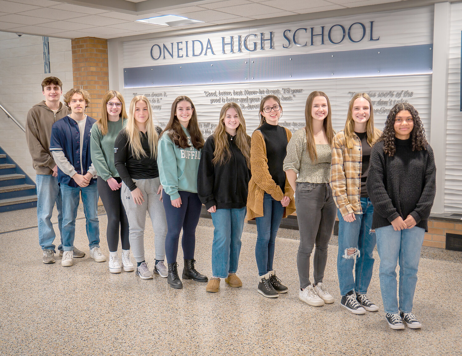 The  Top 10  students academically in Oneida High School’s Class of 2023 are, from left: Andrew Hicks, Robert Paul, Gabrielle Mazzullo, Kerrigan Crysler, Julia Bognaski, Olivia Piersall, Madison Ray, Olivia Hoffman, Jordan French and Syrriah Alexander. French is valedictorian, and Ray is salutatorian.