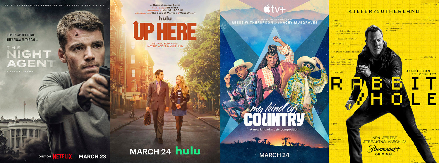 This combination of photos shows promotional art for "The Night Agent," a series premiering March 23 on Netflix, from left, "Up Here," a series premiering March 24 on Hulu, "My Kind of Country," a music competition series premiering March 24 on Apple TV+ and "Rabbit Hole," a series premiering March 26 on Paramount+.