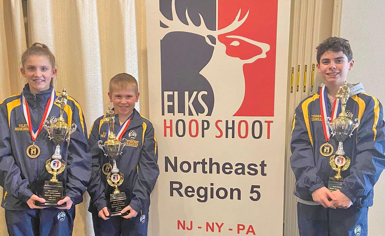 Three local competitors are headed to the national finals for the Elks Hoop Shoot. From left: Riley Hodkinson, a Vernon-Verona-Sherrill student, representing Oneida Lodge in the 10-11 girls division; Armante “Bo” Ventiquattro of the Boonville Lodge in the boys 8-9 age group; and Thomas Goodelle of New Hartford, representing Utica Lodge in the 12-13 boys division.
