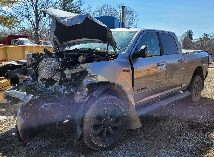 This pickup truck was heavily damaged when it crashed into the side of a school bus in Oswego County Wednesday morning, according to the New York State Police.