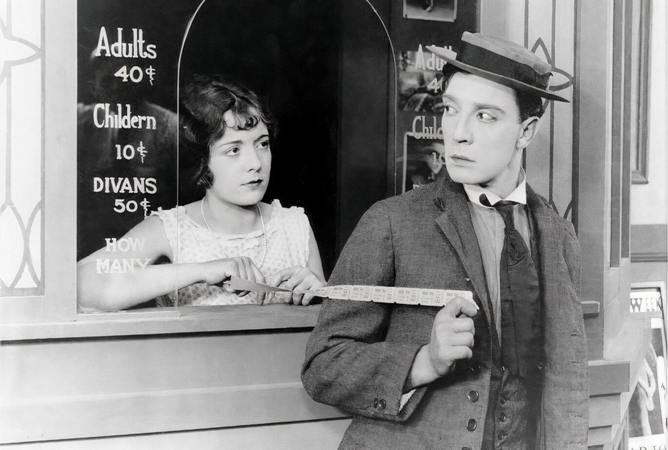 Christine Francis and Buster Keaton appear in a scene from the silent film “Sherlock, Jr.”
