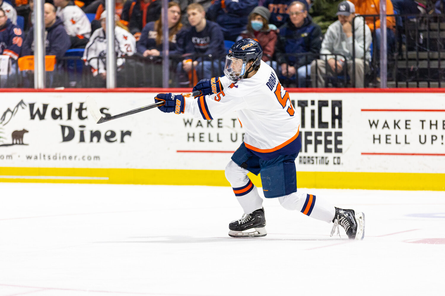 Jayson Dobay makes a play during a Utica University game during the 2022-23 season. Dobay earned first-team All-American honors from the American Hockey Coaches Association.