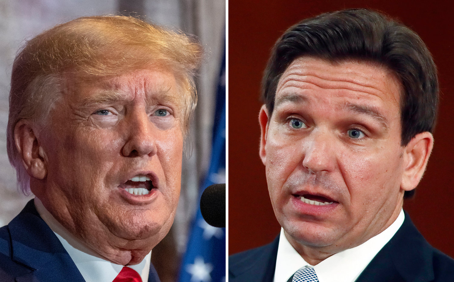 This combination of the photos shows former President Donald Trump, left, and Florida Gov. Ron DeSantis, right. DeSantis’ allies are gaining confidence in his White House prospects as former President Donald Trump’s legal woes mount. Trump, a 2024 Republican presidential candidate, is facing possible criminal charges in New York, Georgia and Washington. The optimism around DeSantis comes even as a collection of Republican officials and MAGA influencers raise concerns about the Florida governor’s readiness for national stage.