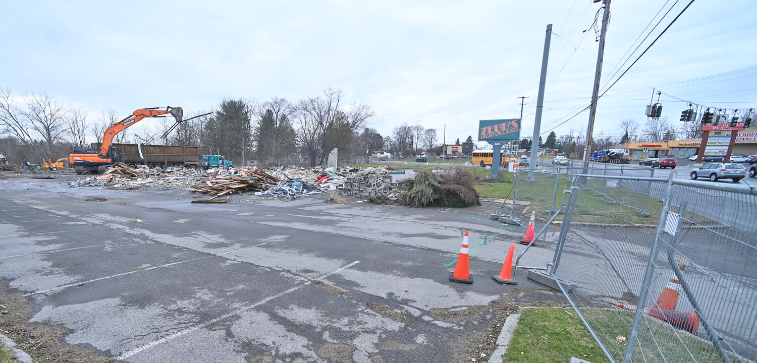FORMER ZEBB’S — The former Zebb’s Deluxe Grill and Bar building at 8428 Seneca Turnpike in New Hartford has been demolished, as of Tuesday, April 4. The building had been damaged by a fire in December 2022. A Tidal Wave Auto Spa car wash will be built on the property.