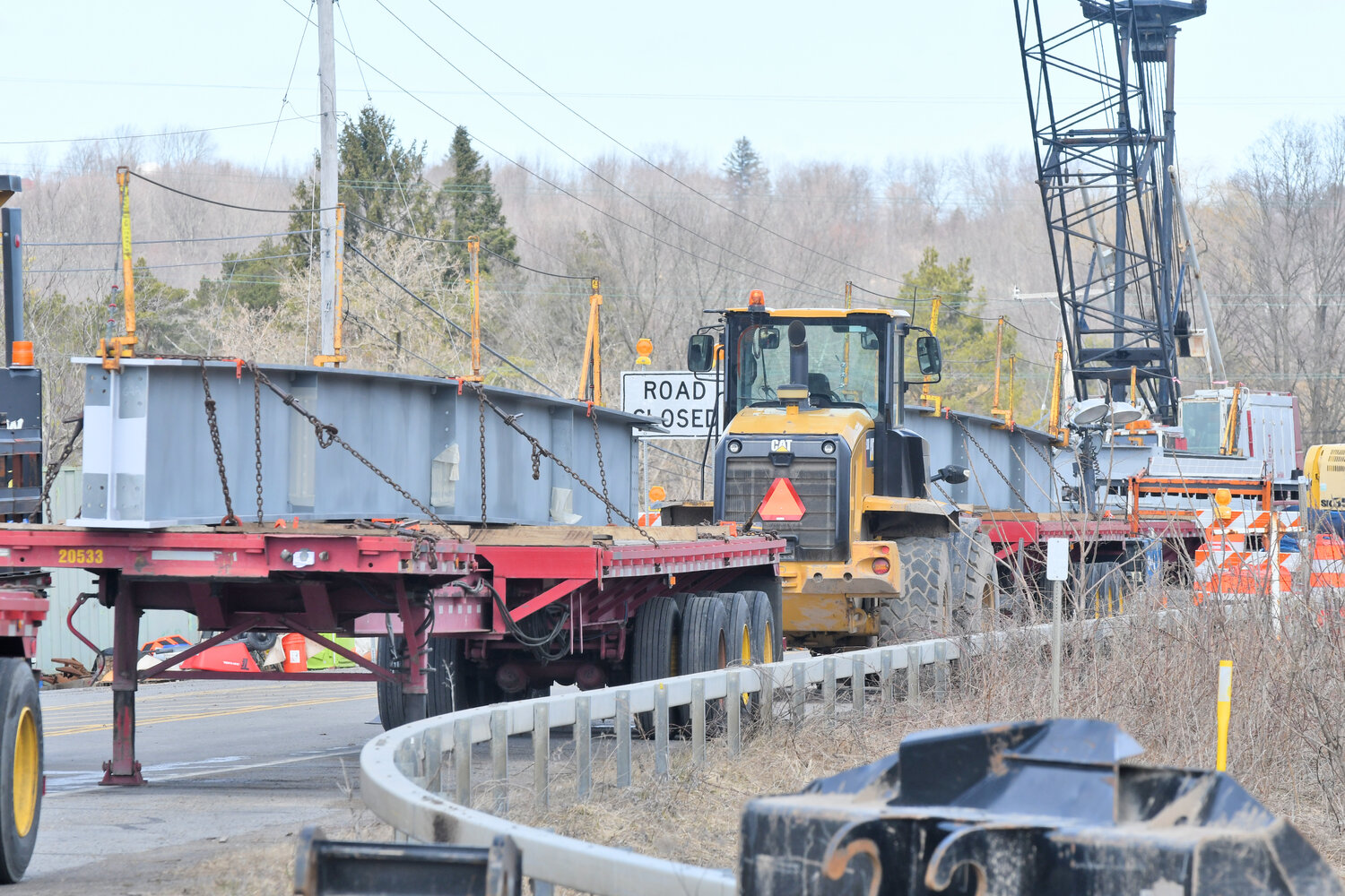 Steel beams ready for installation to complete the span over the NYS Thruway so that Judd Road can be opened up again. Photo taken on Thursday, March 30.