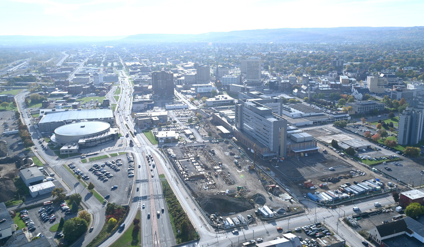 Pictured in this October 2022 aerial photograph, is the under-construction Wynn Hospital and the Adirondack Bank Center at the Utica Memorial Auditorium.