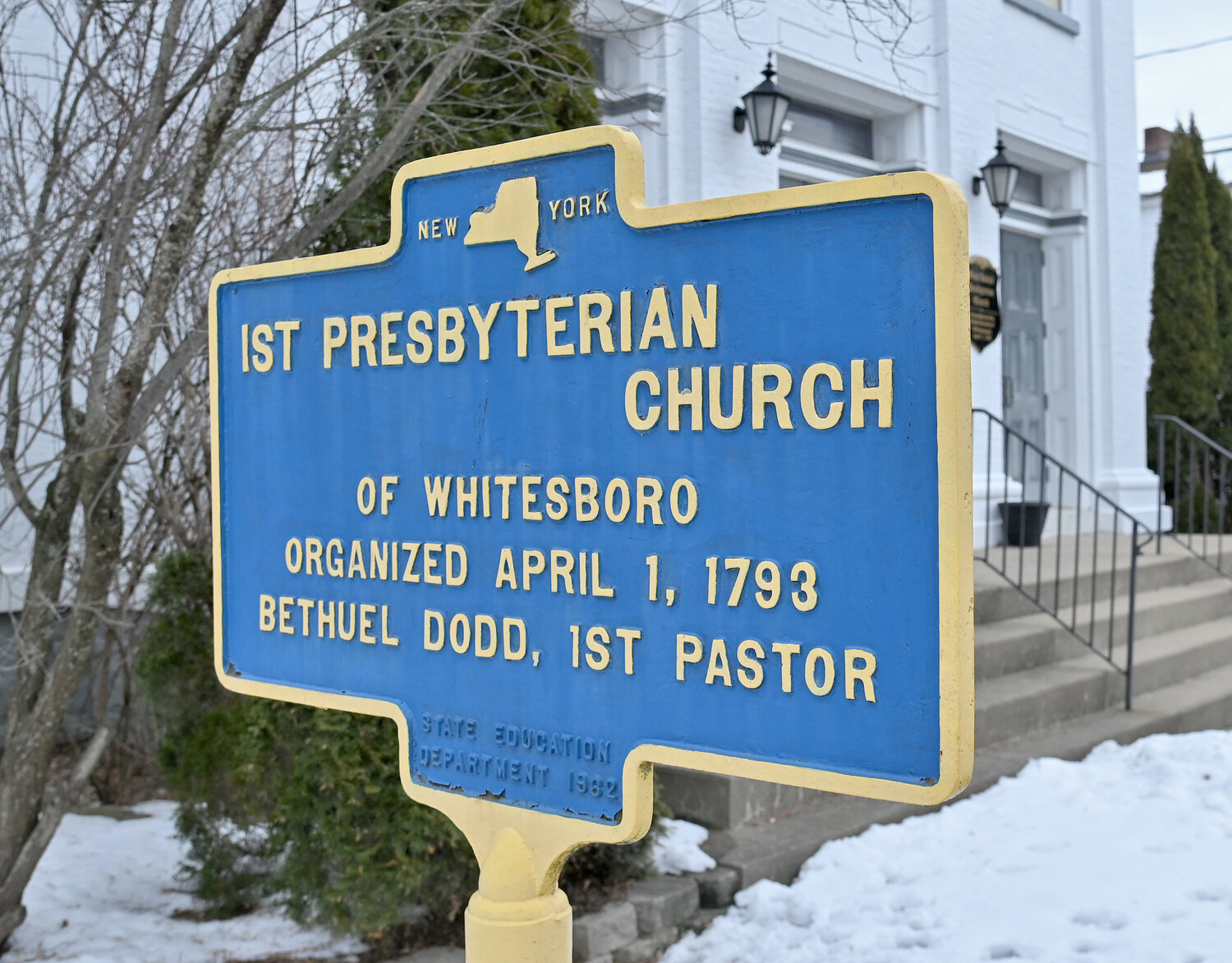Historic marker in front of the First United Presbyterian Church on Main St. in Whitesboro Tuesday, March 7, 2023.
