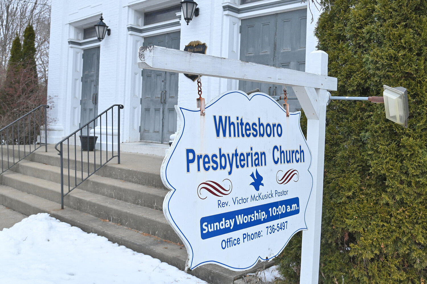 Sign in front of the First United Presbyterian Church on Main St. in Whitesboro Tuesday, March 7, 2023.