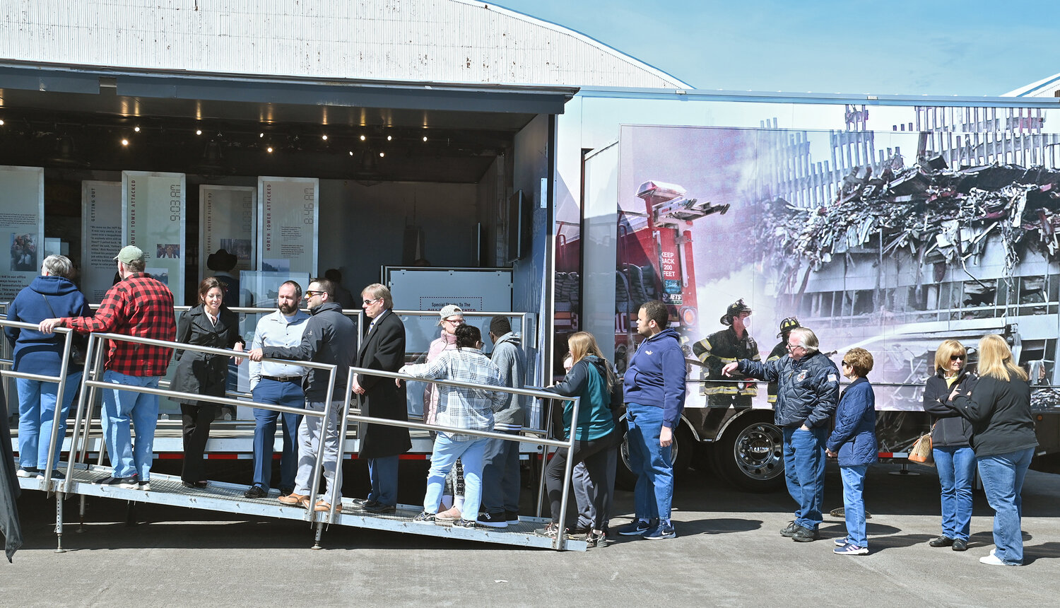 People line up to tour the Tunnel to Towers 9/11 Never Forget Mobile Exhibit to Griffiss Technology Park. The mobile exhibit will be free and open to the public through Sunday, April 20-23 from 10 a.m. to 4 p.m. each day.