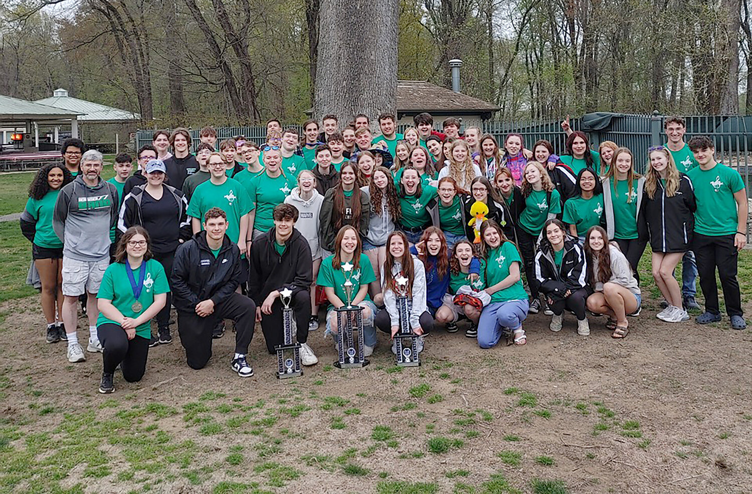 Herkimer Junior/Senior High School Symphonic Band and Chamber Choir students pose together April 22 at the Music in the Parks competition at Six Flags New England in Agawam, Massachusetts.