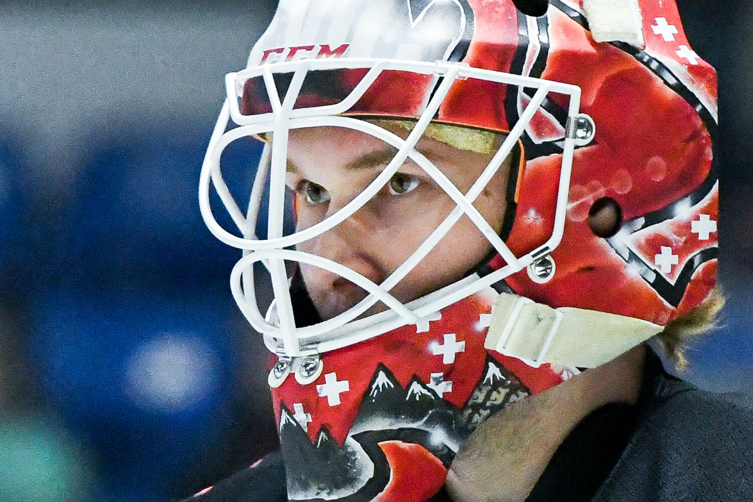 Akira Schmid focuses in the net during a game with the Utica Comets.