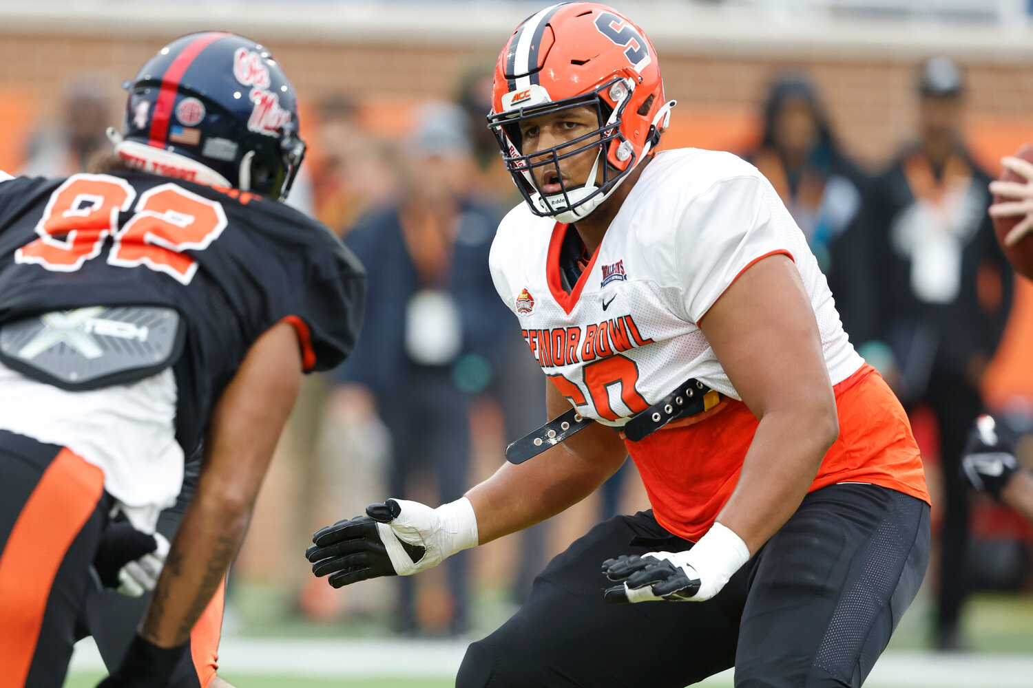 American offensive lineman Matthew Bergeron of Syracuse (60) runs through drills during practice for the Senior Bowl on Feb. 2 in Mobile, Ala. The Atlanta Falcons drafted Bergeron on Friday night with the 38th pick in the second round of the NFL draft.