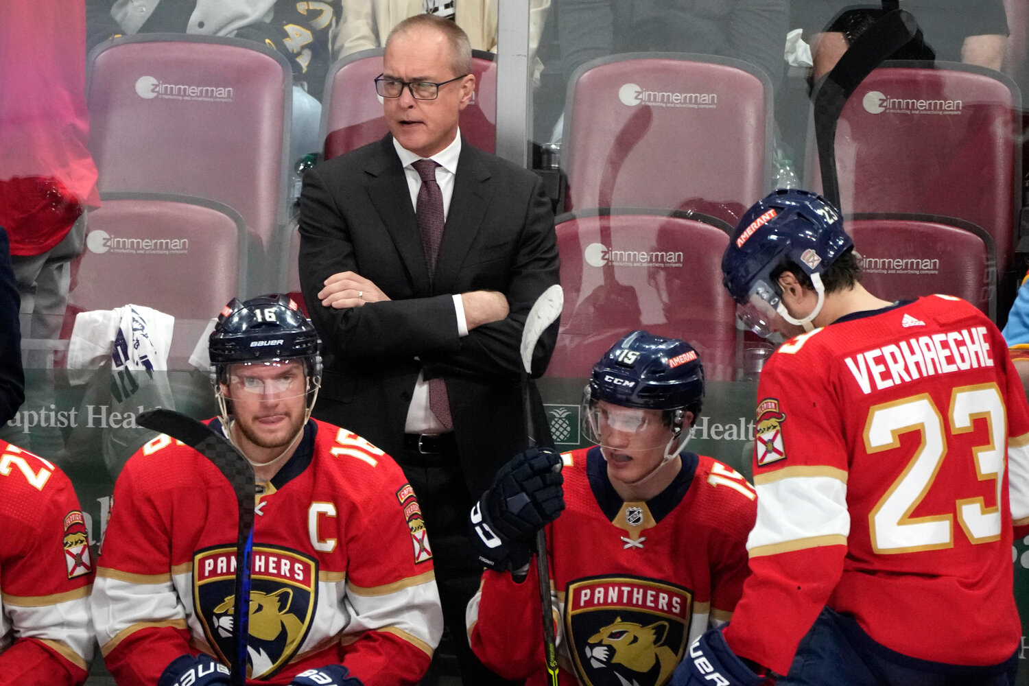 Florida Panthers head coach Paul Maurice looks on during his team’s playoff series against Boston. Maurice was the coach for the Hartford Whalers when current Utica Comets coach Kevin Dineen was on the team.
