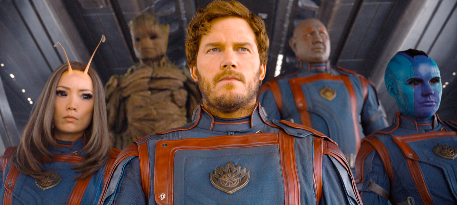 From left, Pom Klementieff as Mantis, Groot (voiced by Vin Diesel), Chris Pratt as Peter Quill/Star-Lord, Dave Bautista as Drax, Karen Gillan as Nebula in a scene from “Guardians of the Galaxy Vol. 3.”