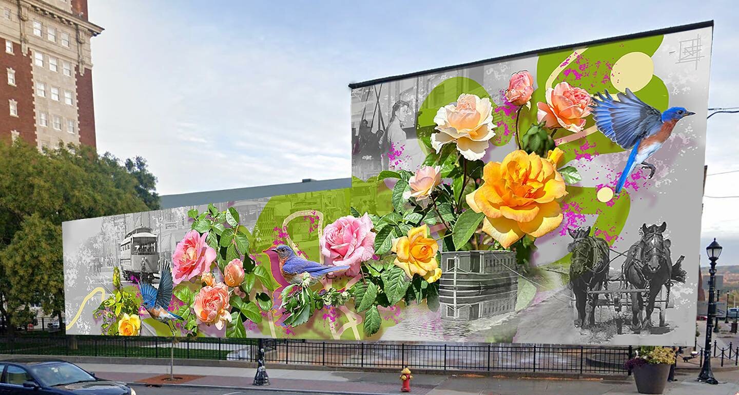 Steven Teller’s rendering of the mural that will replace the former sunburst mural at Liberty Bell Park in downtown Utica depicts colorful roses and bluebirds across a black and white backdrop of historical moments in Utica.