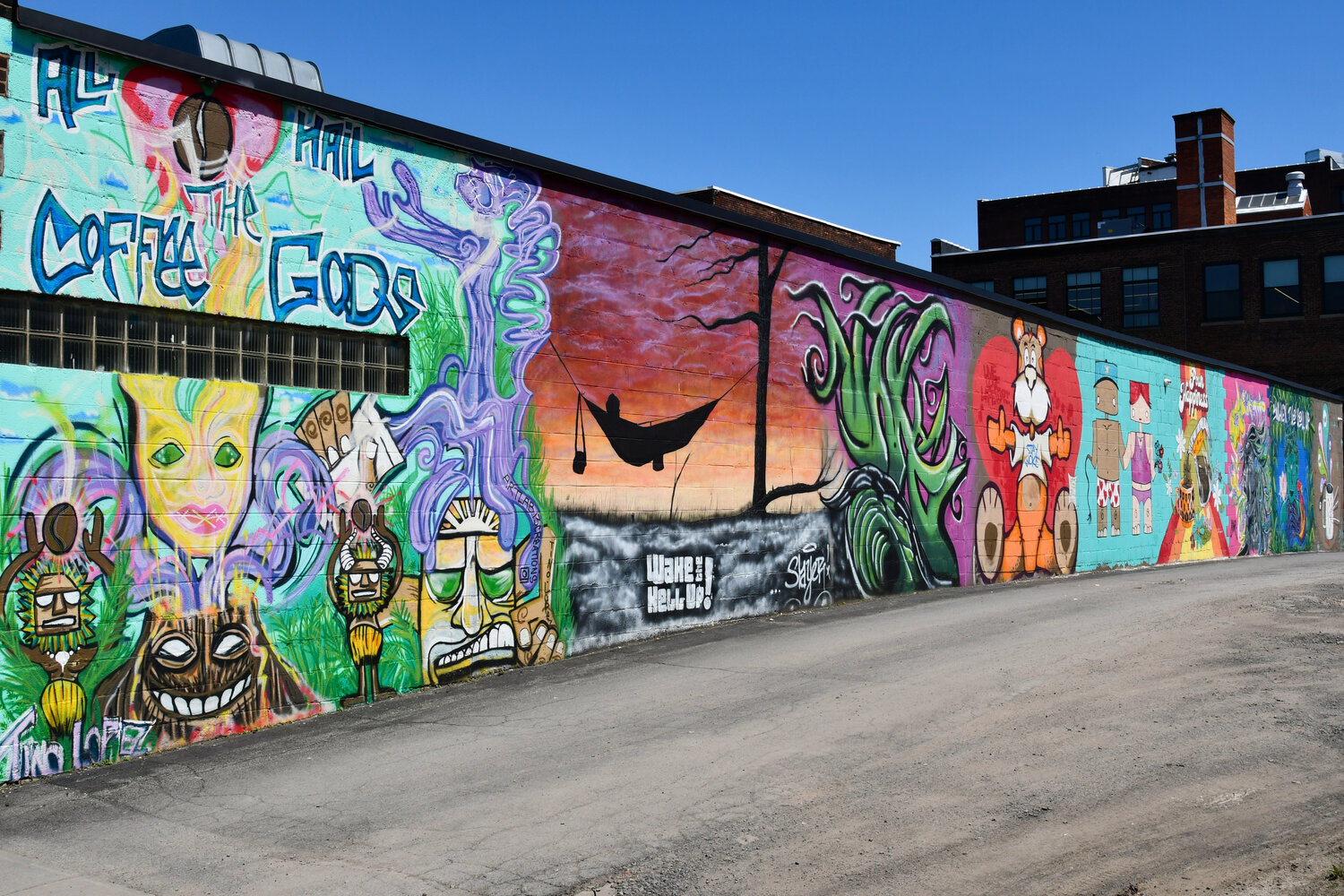 The Utica Coffee Roasting mural wall, located directly across from Utica Coffee Roasting at 92 Genesee St. is one of the 13 murals that can be found on the Oneida County Mural Trail.