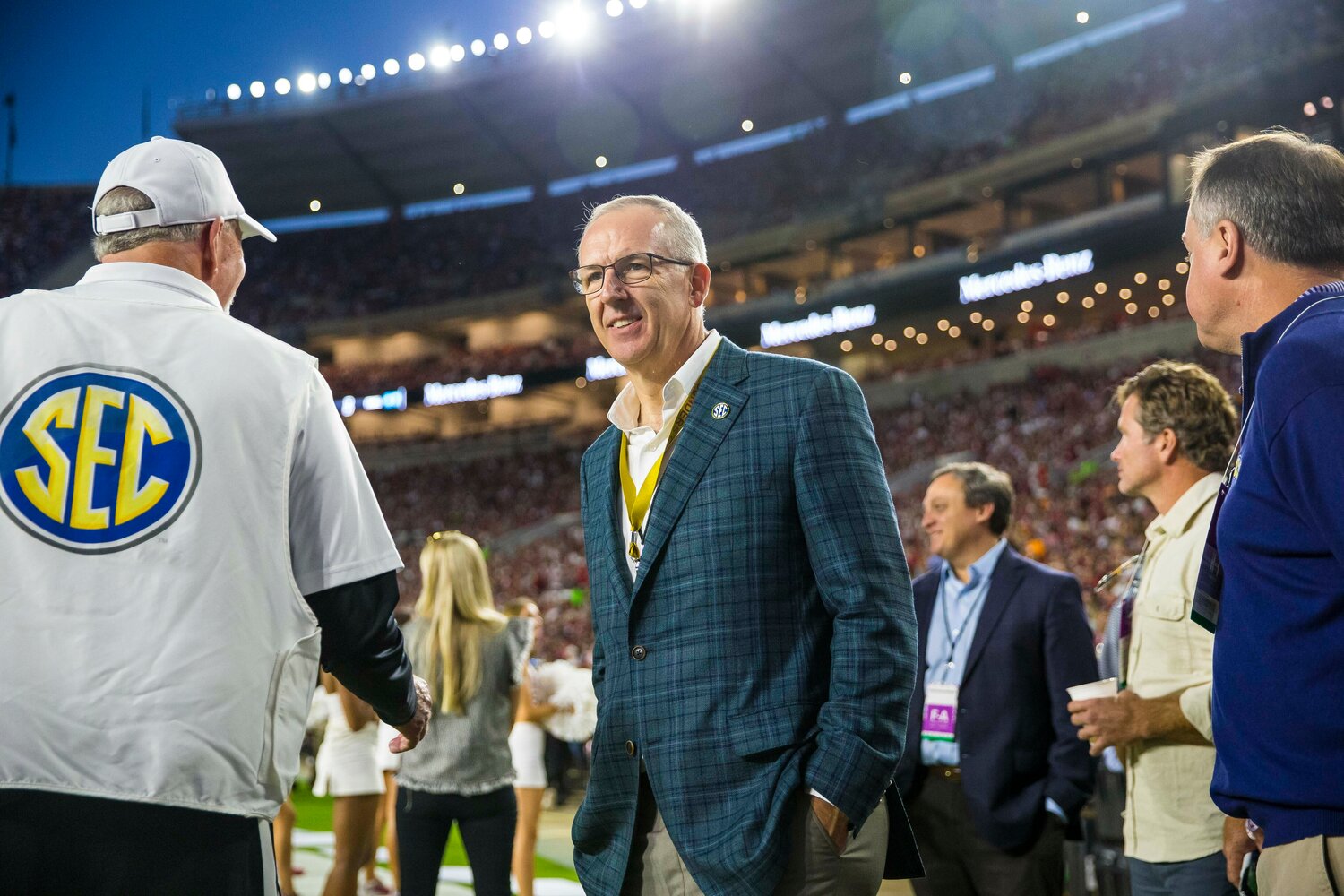 Southeastern Conference Commissioner Greg Sankey watches the first half of a college football game between Tennessee and Alabama on Oct. 23, 2021, in Tuscaloosa, Ala. Sankey was recently back in Utica where he worked for two years in the late 1980s.