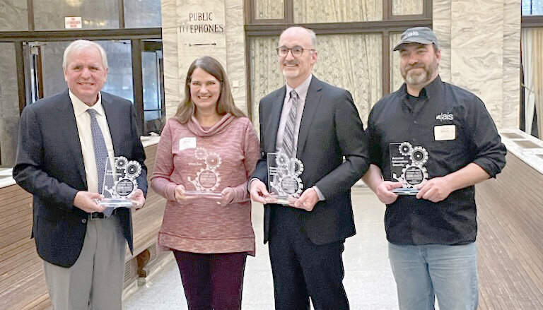 An awards ceremony was held on Thursday, May 4, at the Trackside Restaurant in Utica, to honor four local companies with a 2023 Mohawk Valley GEAR award. From left: Giotto Enterprises, Utica Zoo, Mohawk Valley Community College and Assured Information Security.