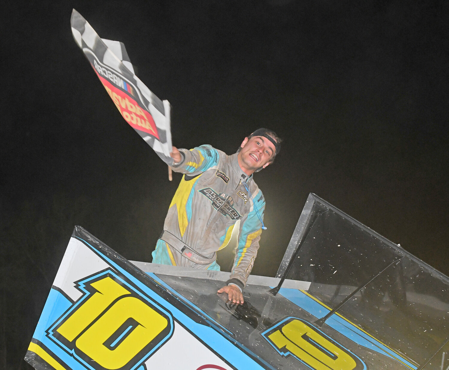 ESS FEATURE WIN — Empire Super Sprint driver Paulie Colagiovanni, of Marcellus, celebrates his feature win on Friday night at Utica-Rome Speedway in Vernon. The Empire Super Sprint cars made their first of three appearances at U-R Speedway. They will also be there June 29 and Aug. 4.