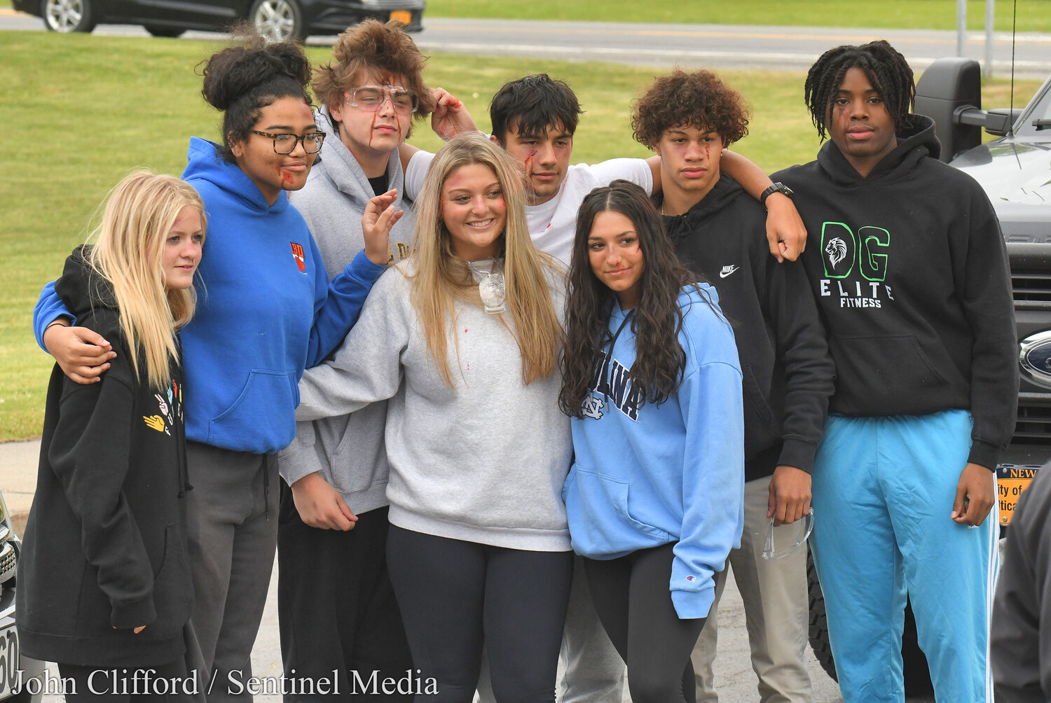 Students at Notre Dame Junior/Senior High School in Utica  had an up-close look at the potential tragic consequences of drunk driving  on May 17, 2023. Pictured are the actors who participated in the mock crash.