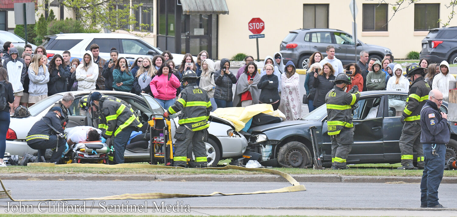 Students at Notre Dame Junior/Senior High School in Utica  had an up-close look at the potential tragic consequences of drunk driving  on May 17, 2023. A Mock DWI crash scene was set on the school’s front lawn that brought  dozens of first responders.