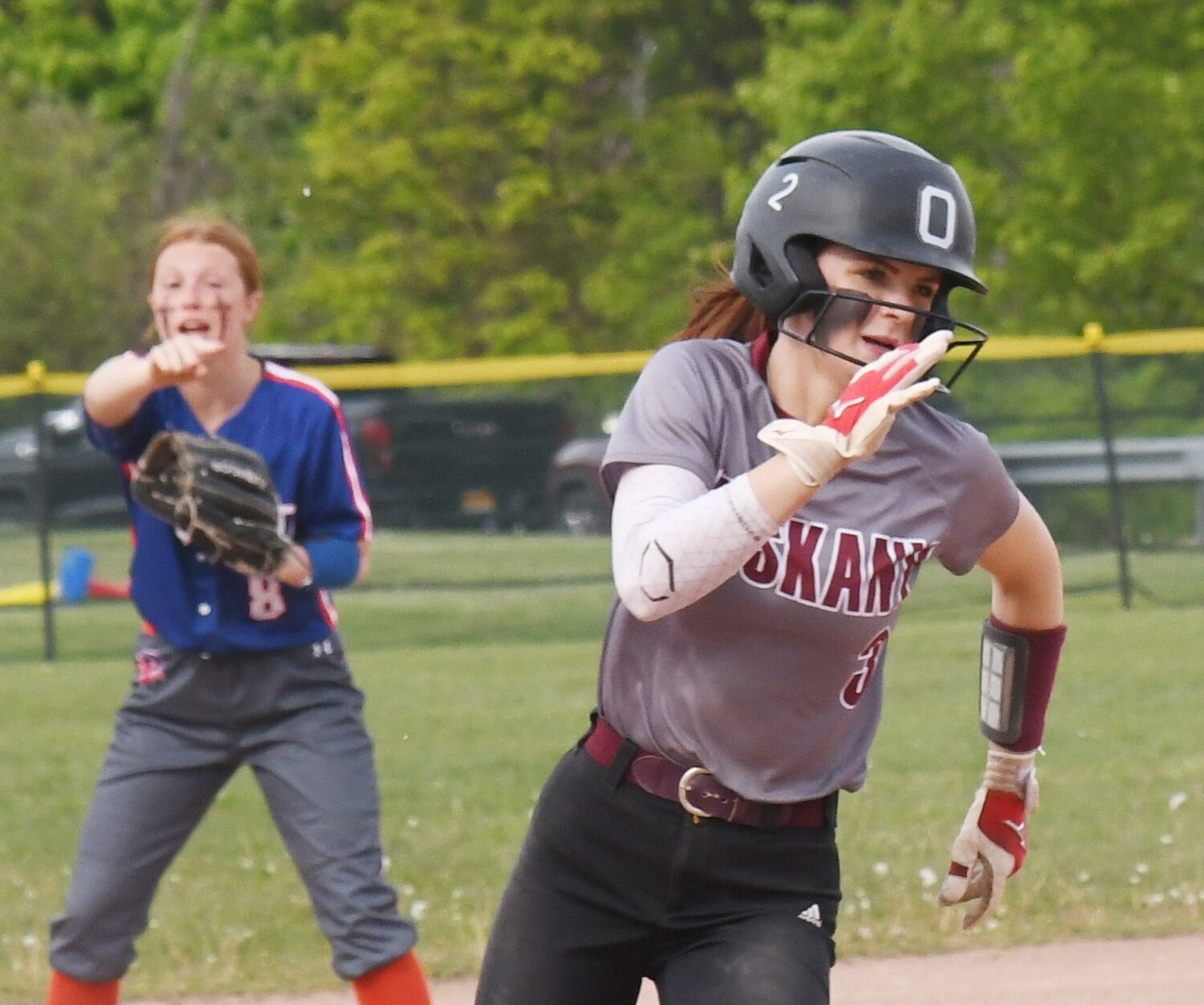 Oriskany's Brooke Matys turns around second base during her team's game against Poland. Mattys was 2-for-3 with a double, triple and a RBI in the 3-2 win.