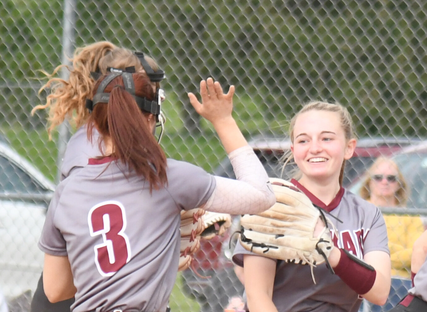 Kyla Zabek celebrates a big out for Oriskany on Friday against Poland. Oriskany won the game 3-2 in seven innings.