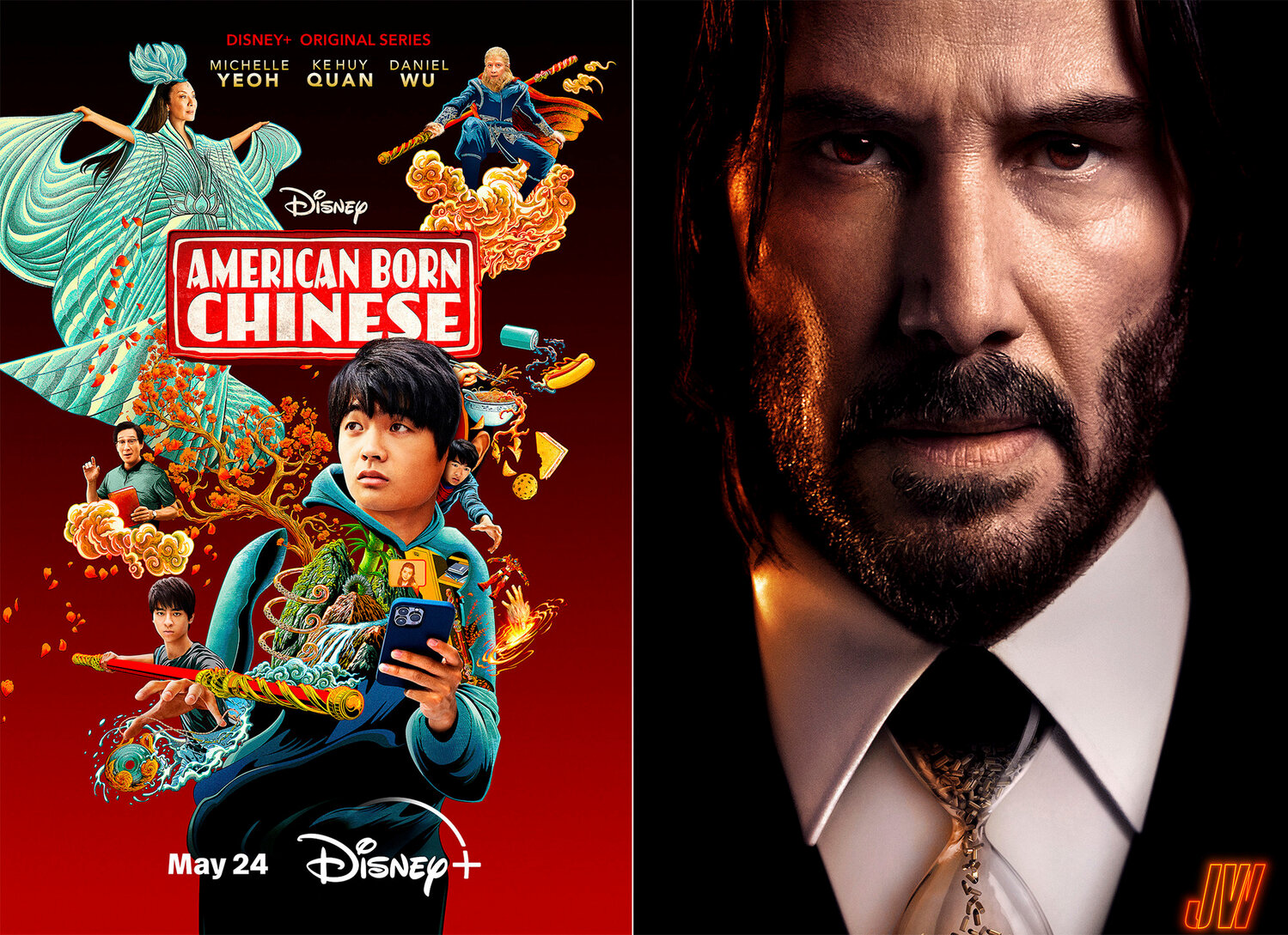 This combination of photos show promotional art for the new action-comedy series “American Born Chinese," premiering Wednesday on Disney+, left, and "John Wick: Chapter 4, available on video on demand.