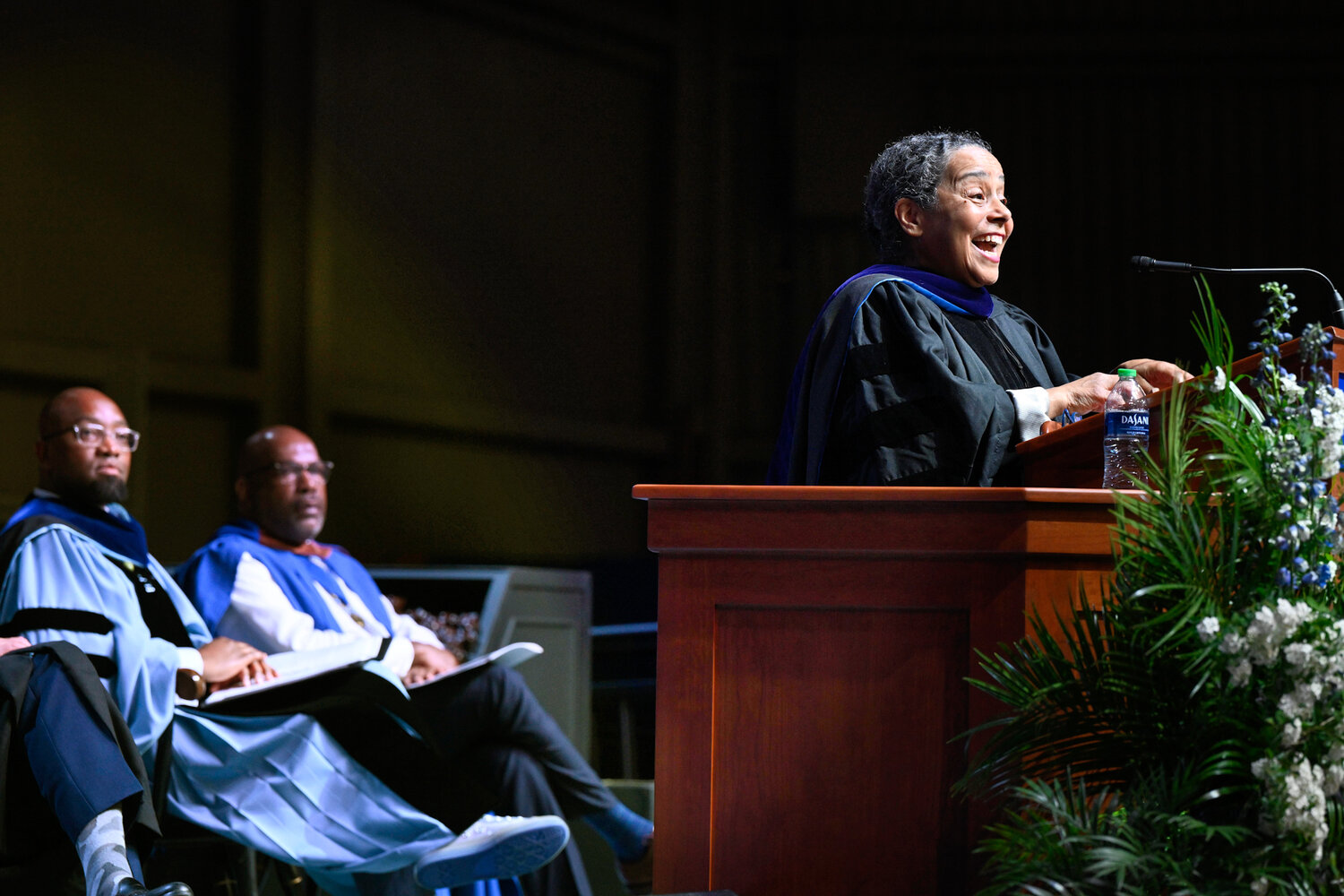 Retired Navy Adm. Michelle J. Howard, chair of the 2020-22 Congressional Naming Commission, gives the commencement address at Hamilton College’s 211th commencement on Sunday.