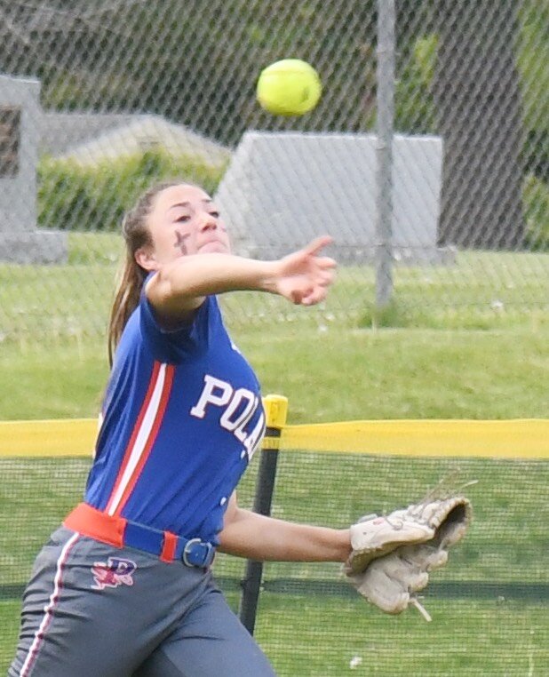 Poland's Maddison Haver makes a throw from the outfield in the game against Oriskany.