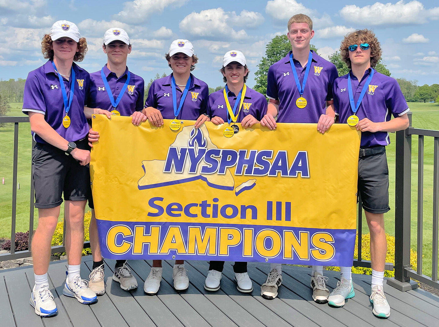 Waterville boys golf won its third straight Section III East small schools title. The golfers are, from left: Gavin Poyer, Connor Stanton, Jackson Ruane, Login Baker, Joseph Hinman and Garnet Acker. Poyer placed third with a 78 to take the small school medalist honors. Stanton and Ruane joined him in qualifying for Section III state qualifier at 7 Oaks Golf Club this week.