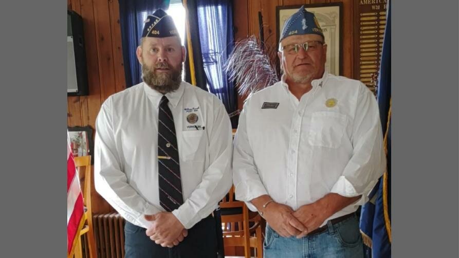Irving Barney, left, was installed as commander of the American Legion William Russell Post 404 in Vernon, and Michael Thurston was installed as commander of the Sons of the American Legion during a recent ceremony at the post.