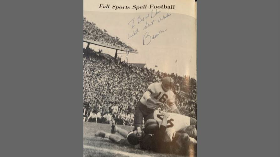 A photo of Syracuse University football legend Jim Brown, signed for the authors Bob and Dick Chancia.
