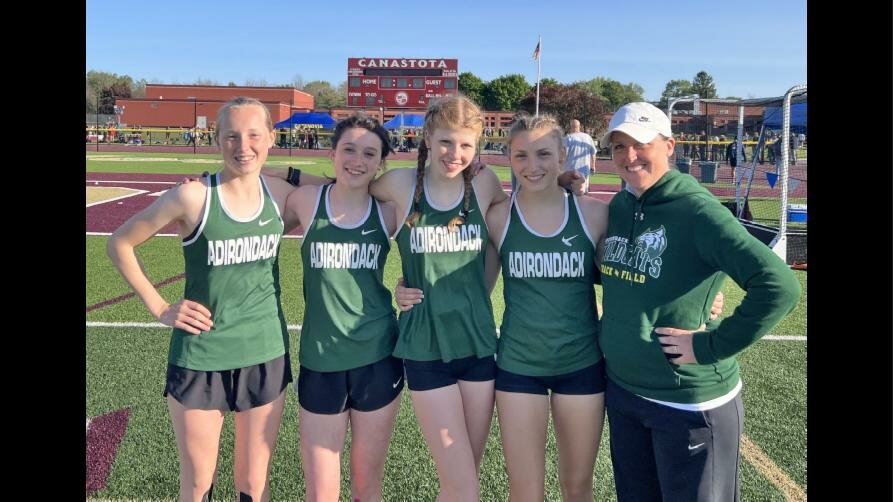 The Adirondack girls 3,200-meter relay team broke a school record at the Section III Class B-2 meet Thursday, qualifying for the Section III state qualifiers meet on June 1. The group of junior Kaylee Mathis, freshmen Cora Hinsdill, Eliana Pitts and eighth-grader Zoe Christiansen set a new school mark of 10:11.28, best the previous record of 10:13.14. The result earned the team second place.
