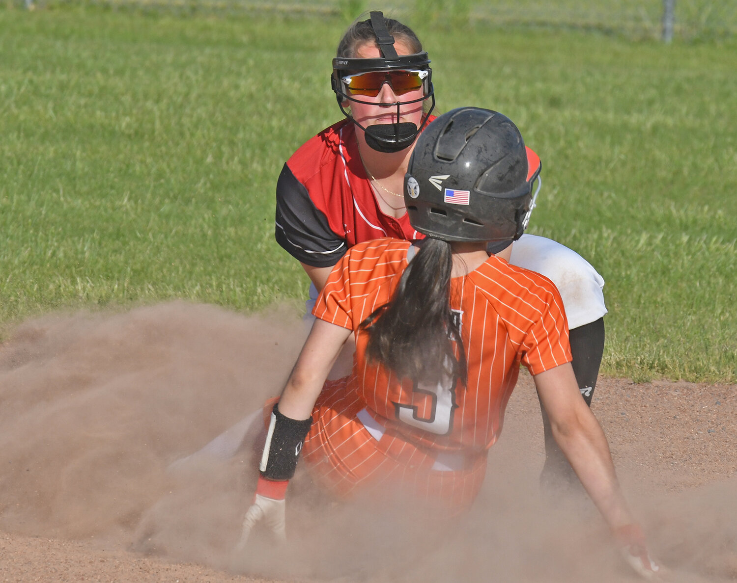 Rome Free Academy baserunner Kenidee Campbell slides safely into second with Baldwinsville's Jenna Martin attempting to put the tag on her. RFA lost 4-2 in the Class AA quarterfinals.