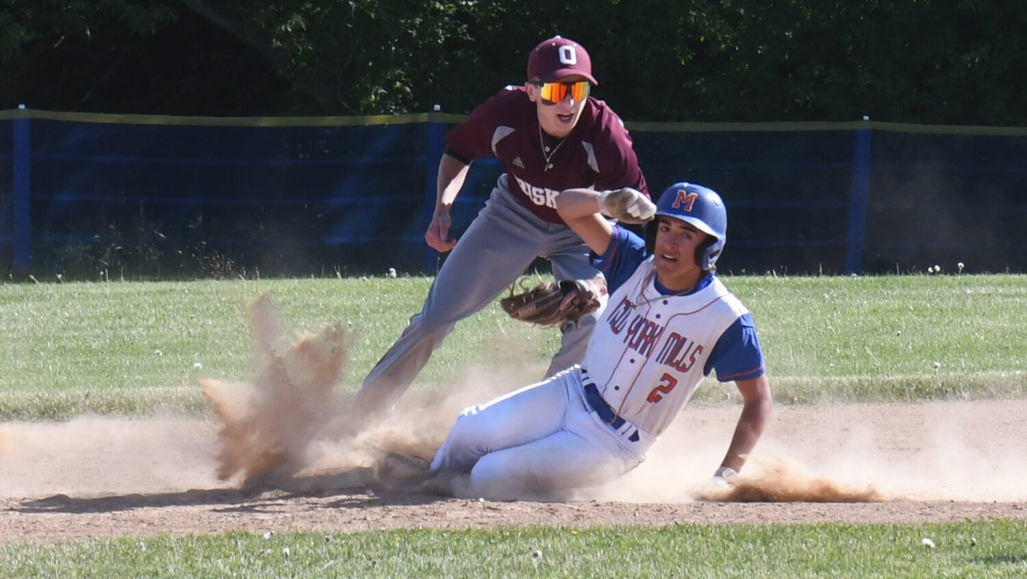 New York Mills' Frank Calhoun is out at second base in a Section III Class D game against visiting Oriskany on Thursday. Oriskany won 10-3.