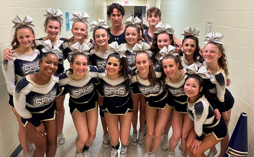 The SPHS cheer team celebrated after placing fifth in a state competition on February 27. The team included (front row, left to right) Sydney Henson, Claire Procida, Zana Saab, Molly Egolf, Evie Vanech, Molly Sims and (back row, left to right) Lilly Nagy, Elizabeth Rutkauskas, Laney Deaton, Emily John, Jon Garvey, Reagan Bennett, Matthew Williams, Sophia Listman, Serena Saab and Kenzie Glasgow.