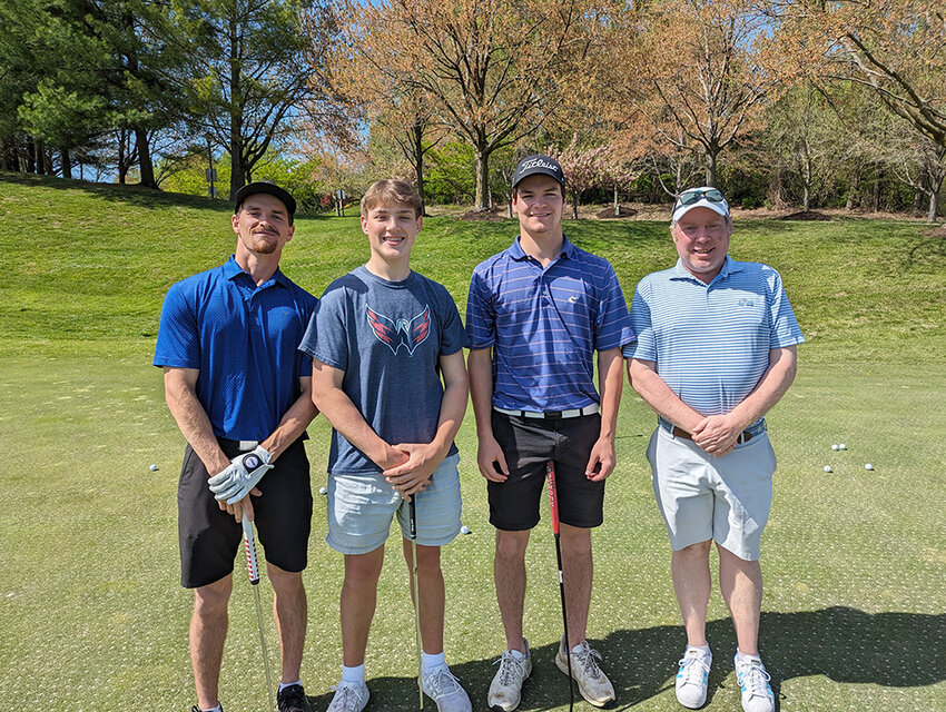 Anne Arundel Community College’s (AACC) golf team members (l-r) Ryan Brophy of Severna Park, Darren Hoffman of Arnold, Tim Brophy of Severna Park and head coach Dave O’Donnell of Baltimore enjoyed putting practice before the national Division II tournament in late May. The Riverhawks recently won the Maryland JUCO and the Region 20 golf tournaments.