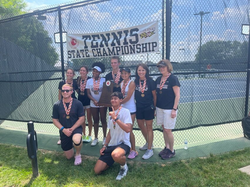 Broadneck posed with the Class 4A state championship trophy at Wilde Lake Tennis Club.