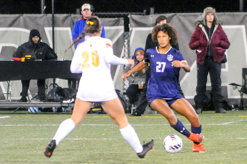 Emerson Scott made a move on a defender during the 2023 Class 3A girls soccer state championship game.